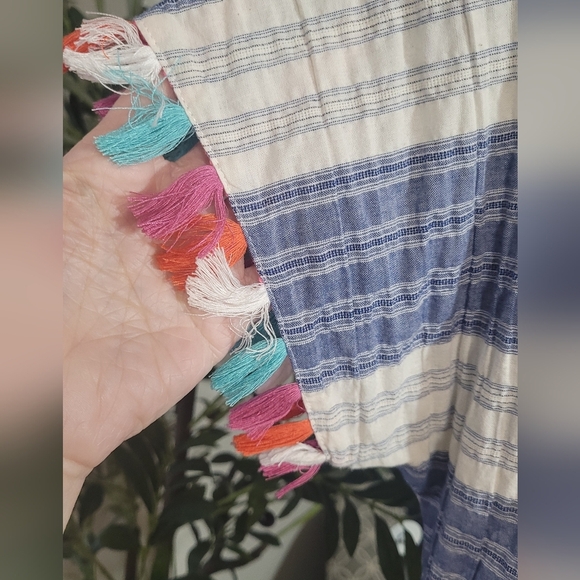 ANDREE by UNIT Boho Pom Pom Tassel Striped Linen Baby Doll Top Small - Picture 5 of 7